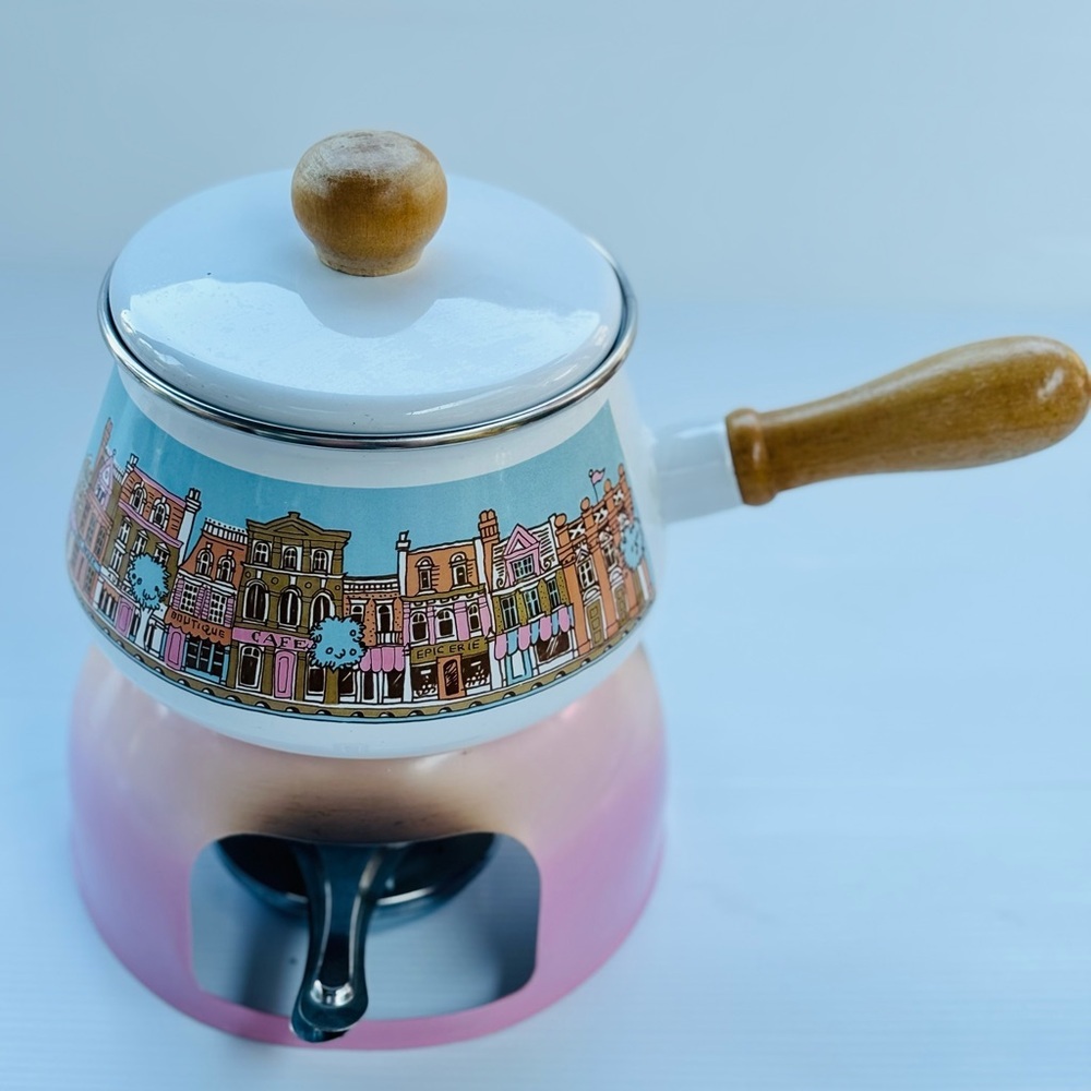 Vintage Enamel Fondue Pot Set Retro Cottage Kitchen